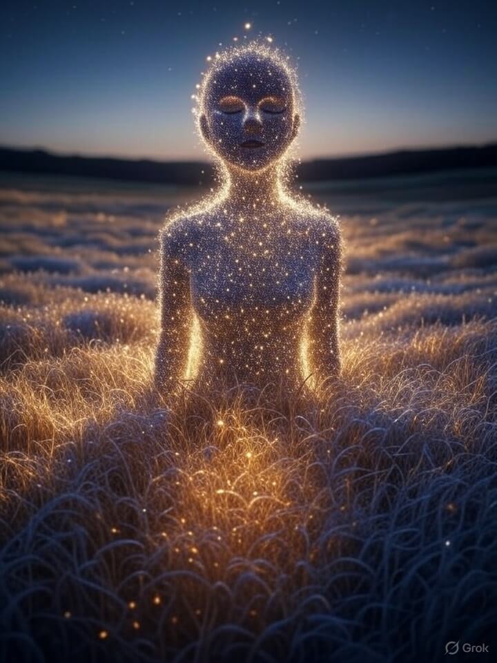 Abstract energy waves surrounding a light-formed figure, symbolizing inner resonance and the IWUT Frequency Method.