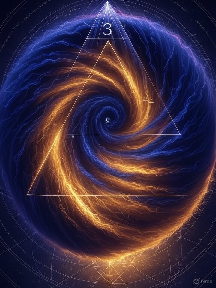ymbolic representation of negative and positive frequencies as counter-rotating energy spirals in a toroidal field, centered on harmonic balance and sacred geometry.
