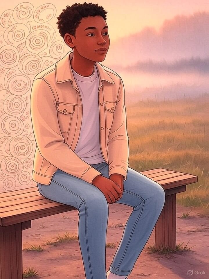 A person sitting calmly on a bench, gazing at a misty horizon, with faded headlines and social media icons swirling softly in the background, symbolizing inner peace amidst external noise.