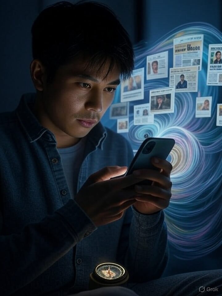 A person standing between two screens—one filled with headlines and chaos, the other with a soft light and question mark.