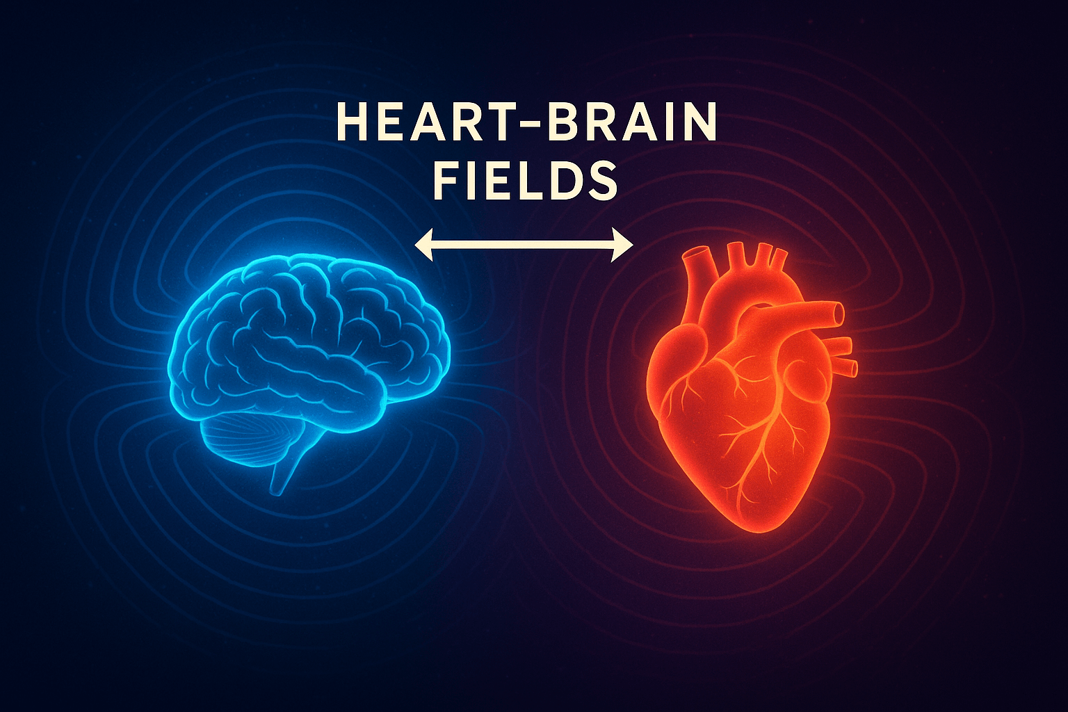 A glowing digital illustration shows the connection between the brain and heart. On the left, a blue brain emits radiating waves, while on the right, a red heart pulses with its own energy field. A double-headed white arrow between them represents the bidirectional communication of the heart-brain fields.