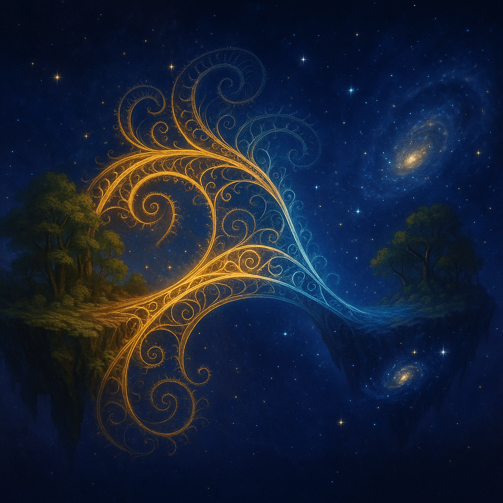 A luminous fractal bridge made of spiraling and branching geometric patterns, glowing in gold and blue, connecting a lush green island with rivers to a cosmic island filled with stars and galaxies, set in deep space.