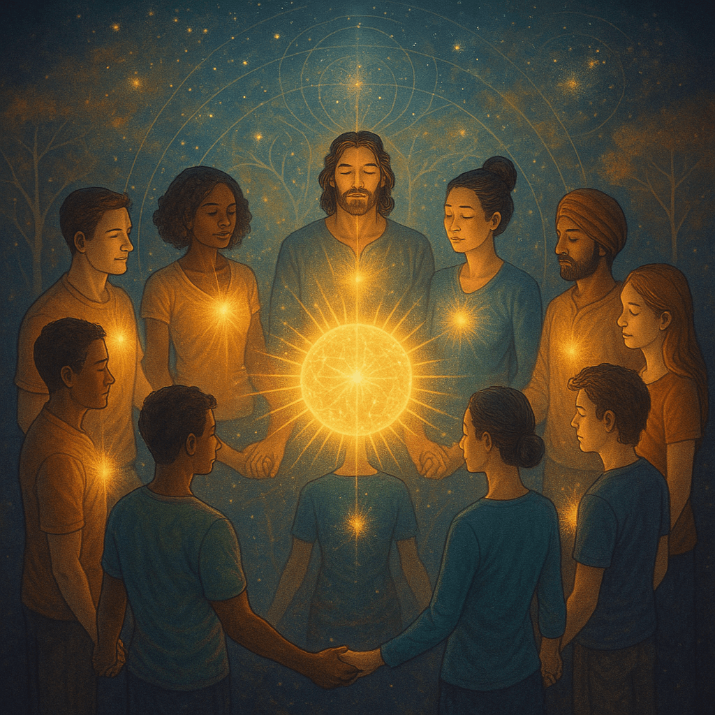 A circle of diverse people holding hands, radiating light from their hearts into a shared glowing sphere, symbolizing collective coherence.