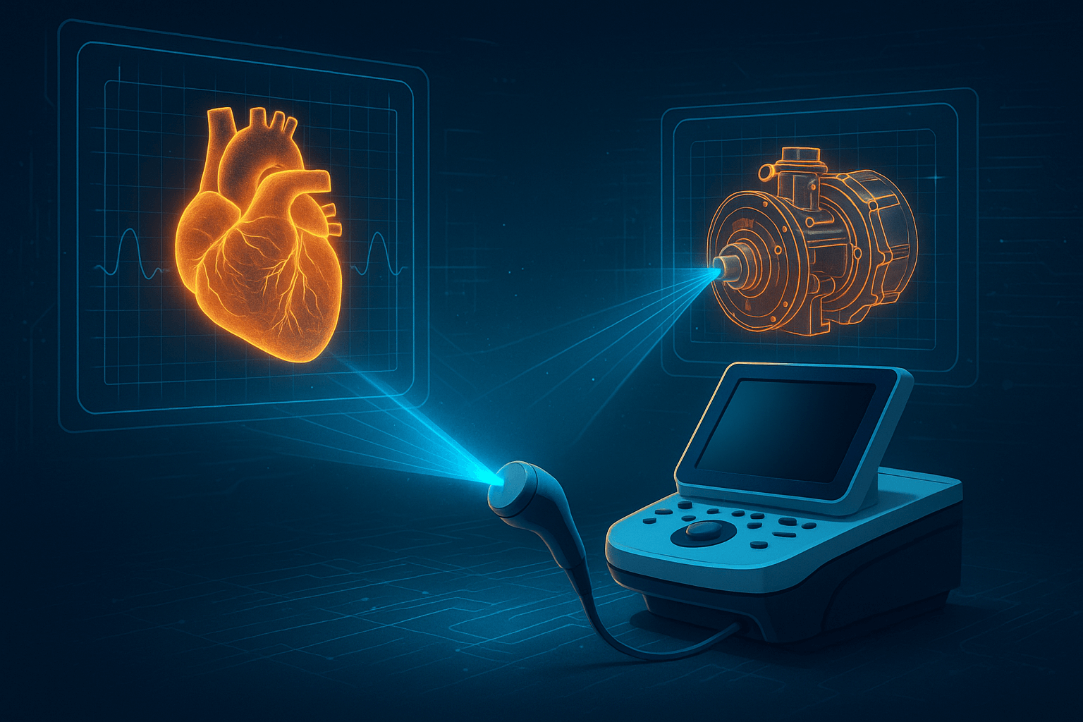 Futuristic illustration of ultra-precise ultrasound technology scanning a human heart and an engine component simultaneously, with glowing 3D holographic displays.