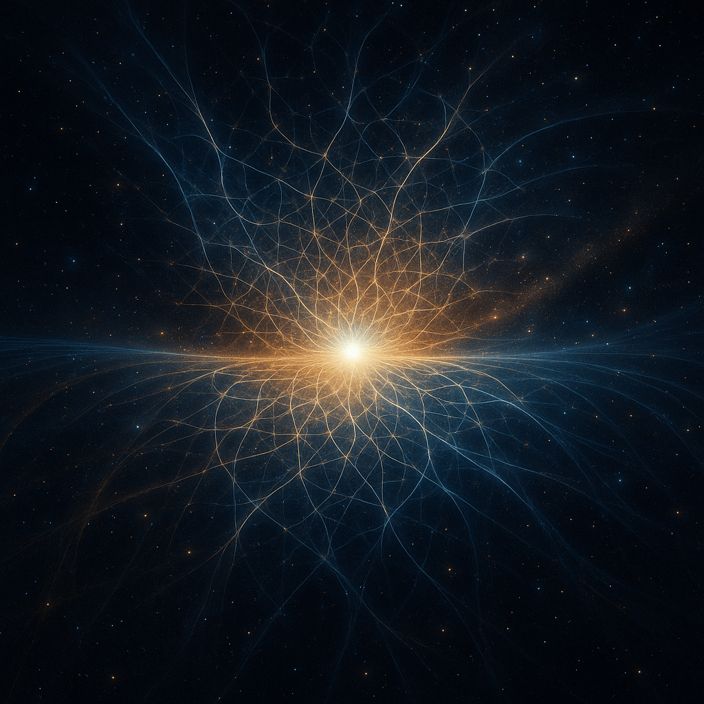 A cosmic digital illustration showing a radiant energy web emerging from a luminous center, representing the Zero Point Field as the infinite quantum sea connecting all existence.