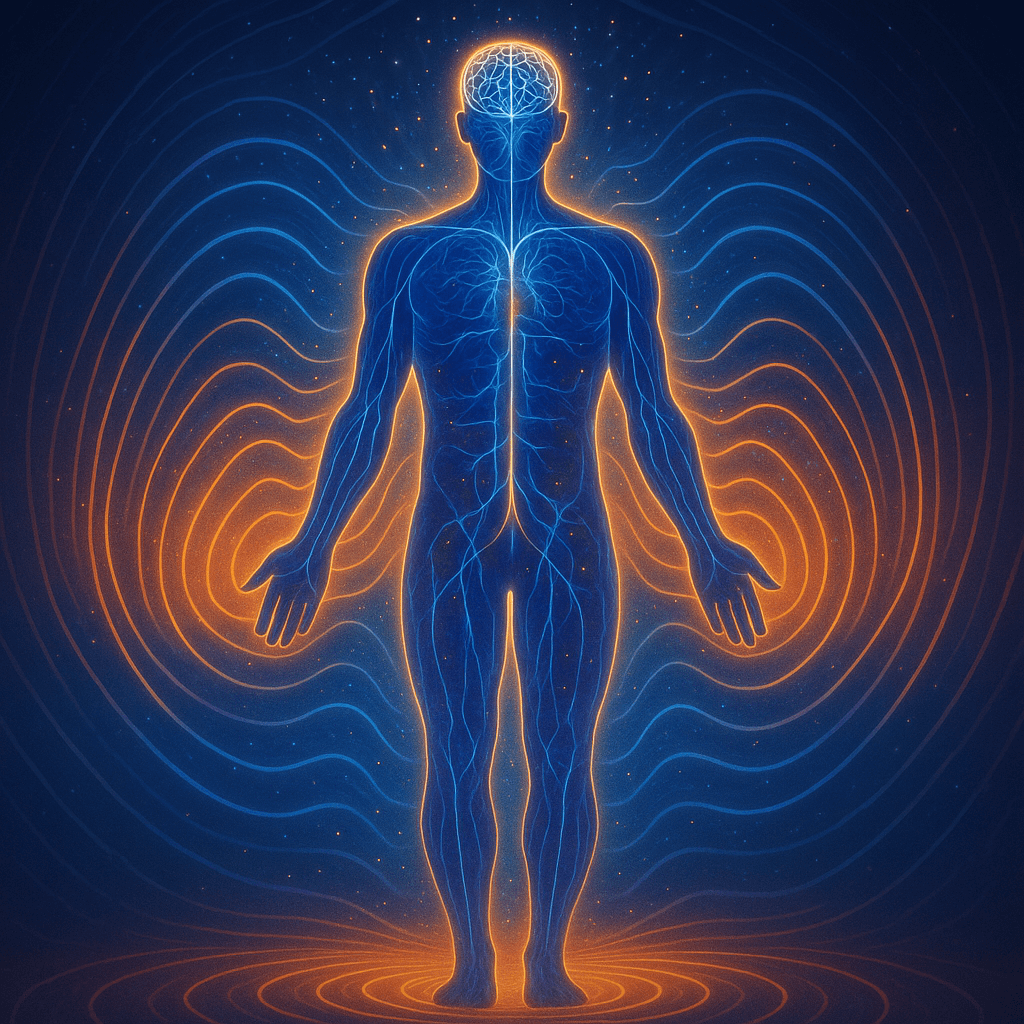 A digital illustration of a human body surrounded by glowing electromagnetic waves, symbolizing healing and balance through electromagnetic therapy.