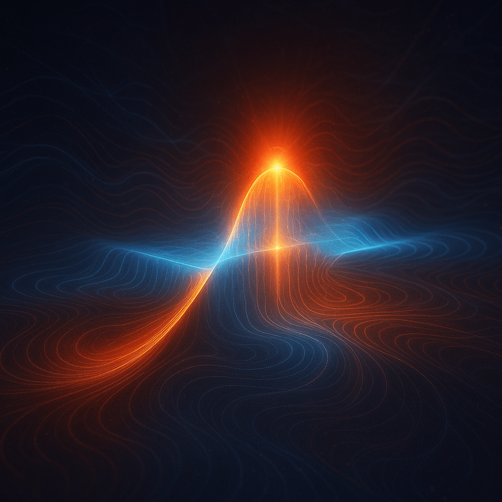 Quantum energy moving through a glowing transition barrier, representing a particle tunneling through a quantum transition state.