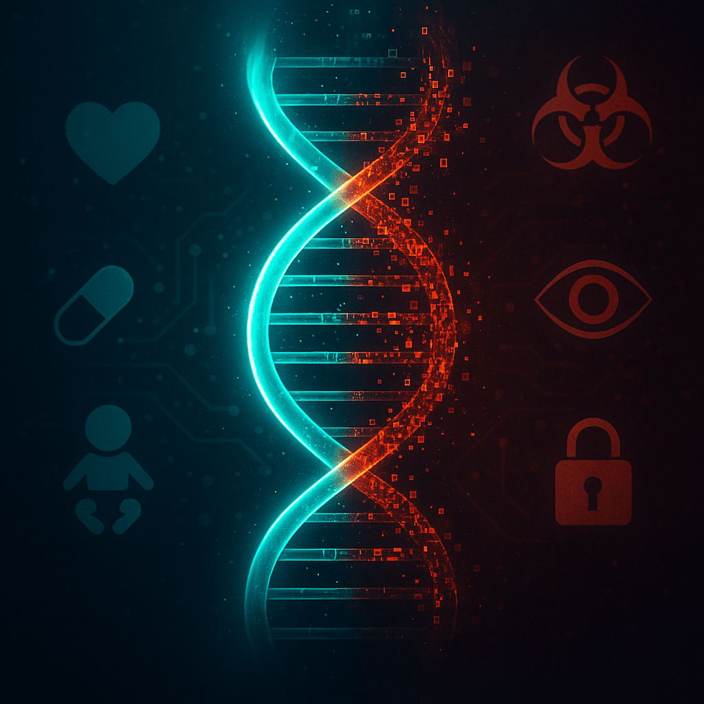 Futuristic illustration of DNA hacking showing a double helix split between benefits of genetic research and risks of misuse.