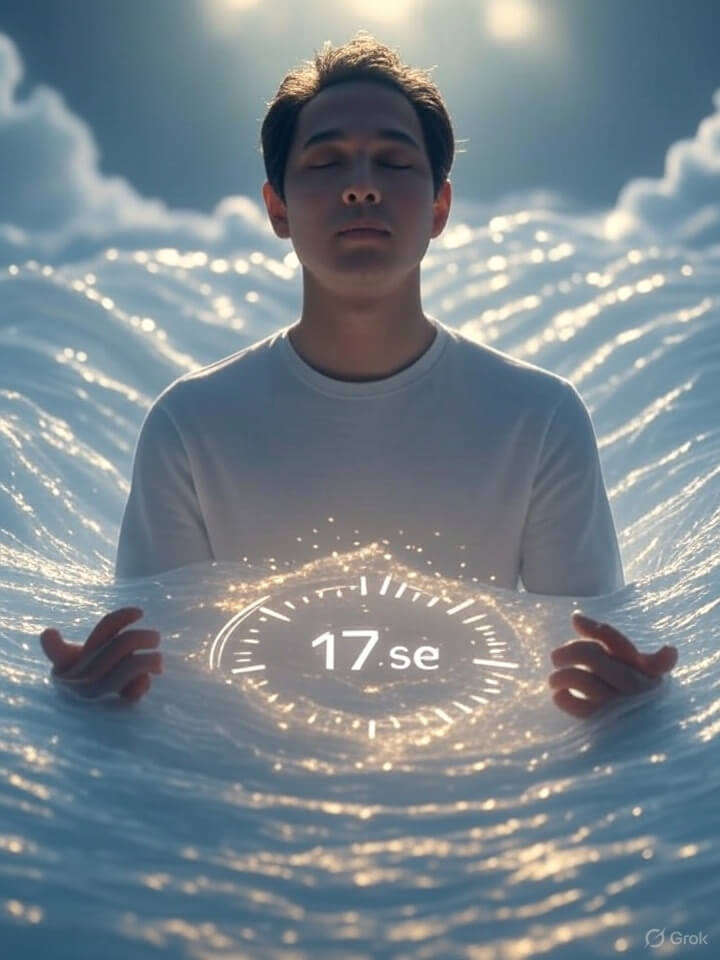 A countdown timer reaching 17 seconds, surrounded by glowing thought energy and a person in focused meditation, representing focused intention and manifestation.