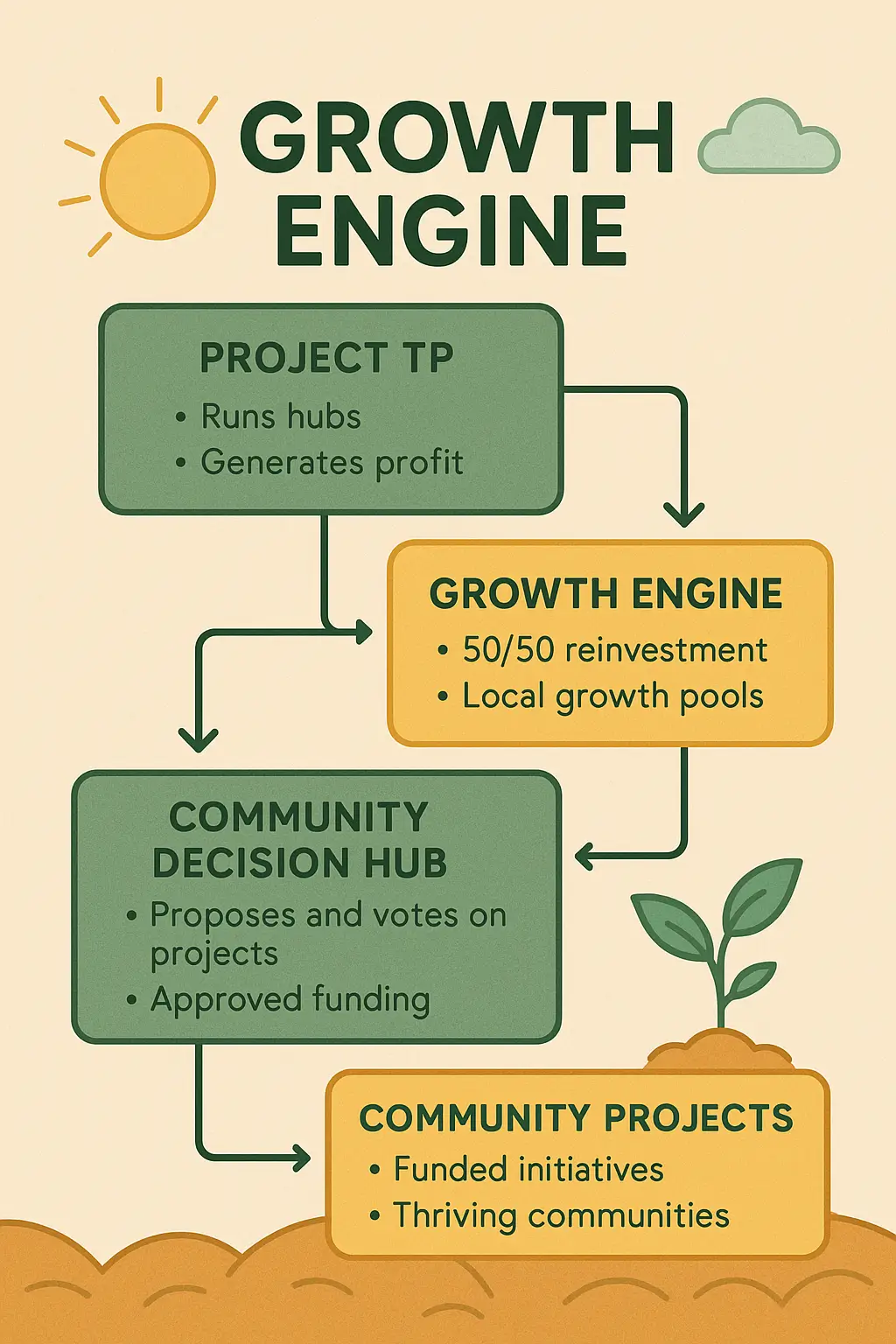 Illustrated flowchart of the Growth Engine charity model, showing Project TP generating profit, reinvestment into Growth Engine, local community decision hubs, and funded community projects leading to thriving growth.