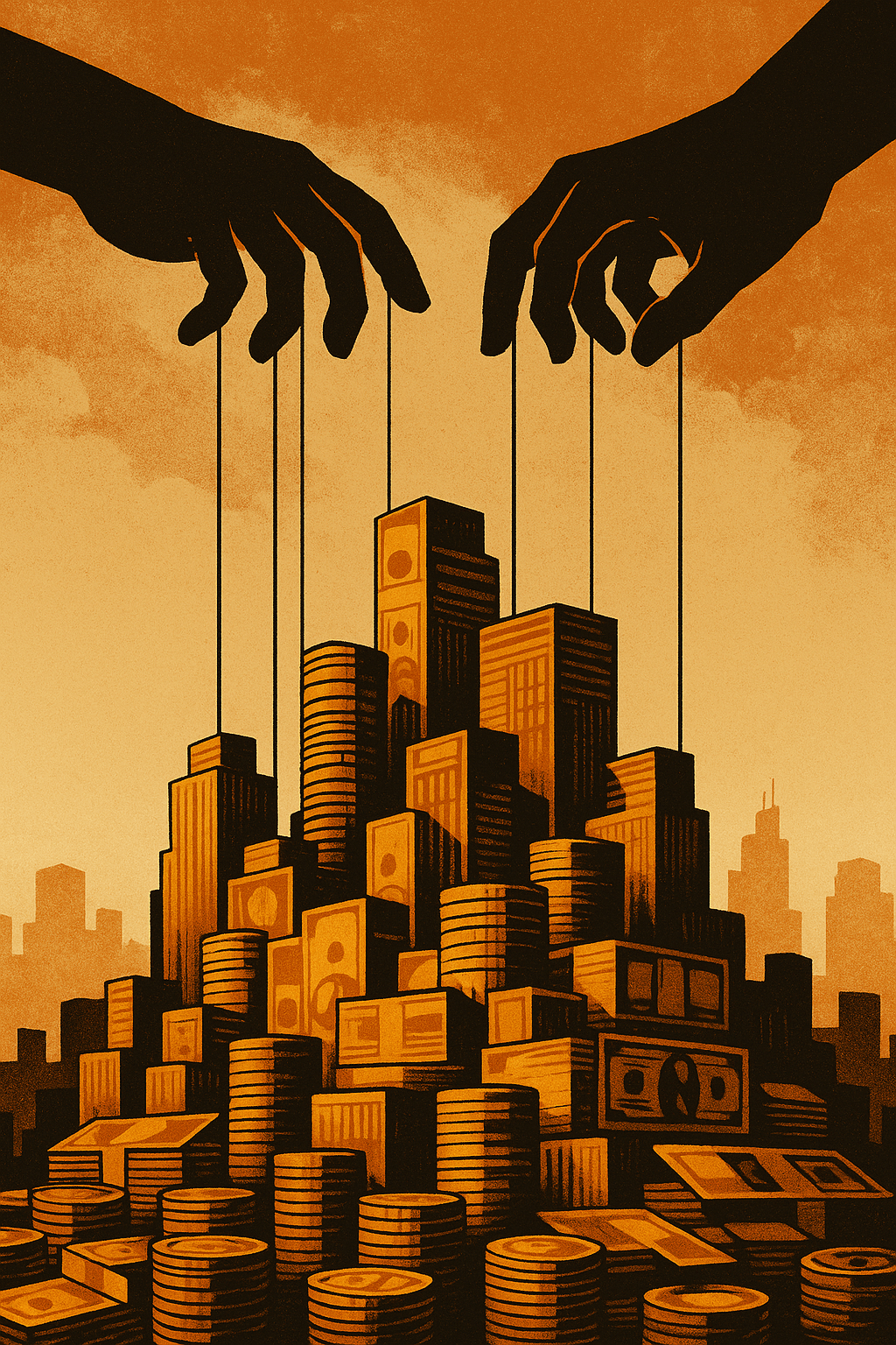 An artistic image symbolizing how money and banking structures shape and control modern society.
