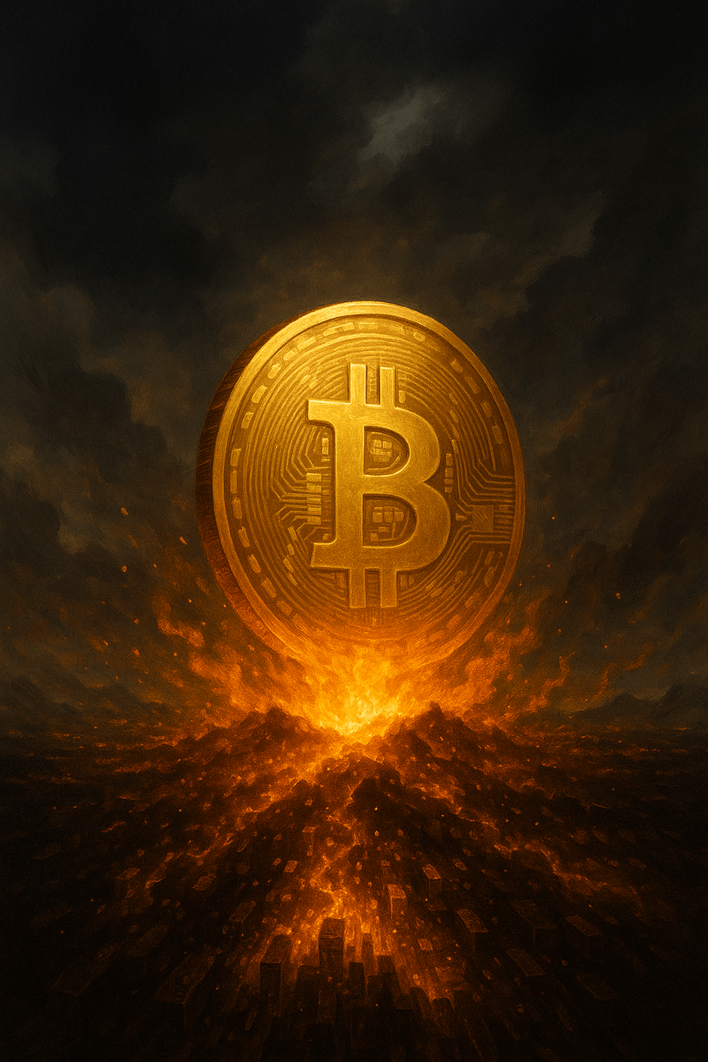 A glowing Bitcoin rising from digital fire, symbolizing a new dawn of financial independence.