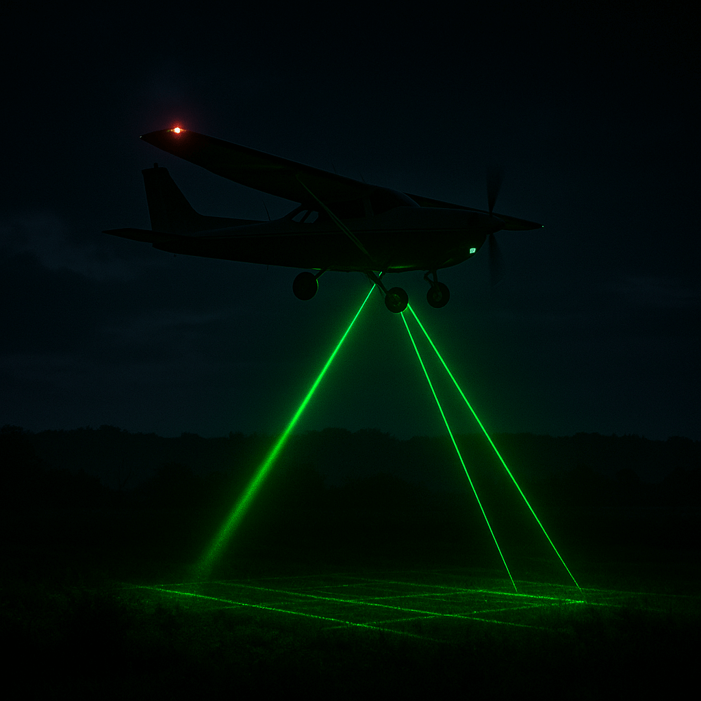 “Randigo LLC aircraft conducting low-altitude LiDAR scan with green lasers at night.”