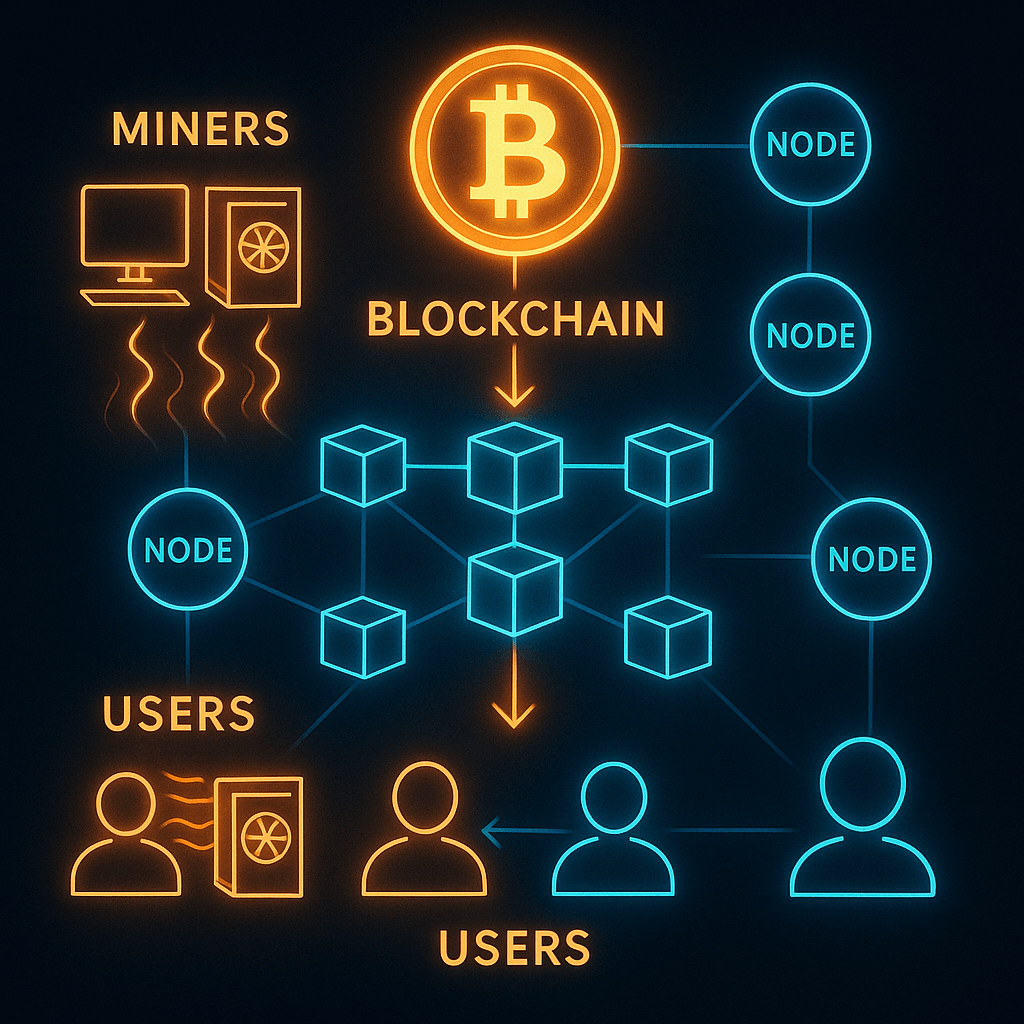 A glowing digital diagram of the Bitcoin blockchain showing energy flow between miners, nodes, and users.
