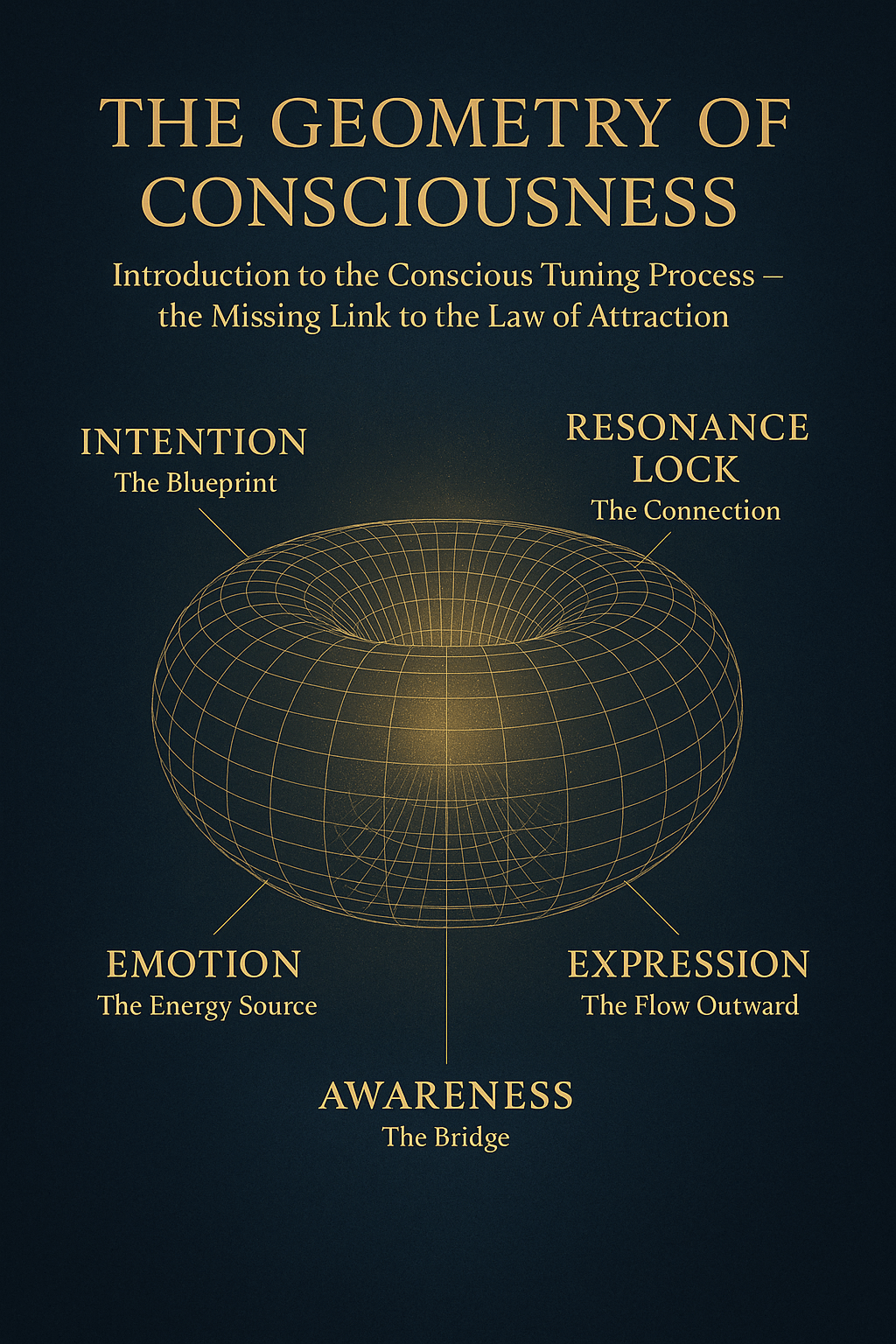 A luminous sacred geometry diagram showing the Conscious Tuning Process — a toroidal energy field with five stages: Intention, Emotion, Awareness, Resonance Lock, and Expression — illustrating how consciousness flows through creation.