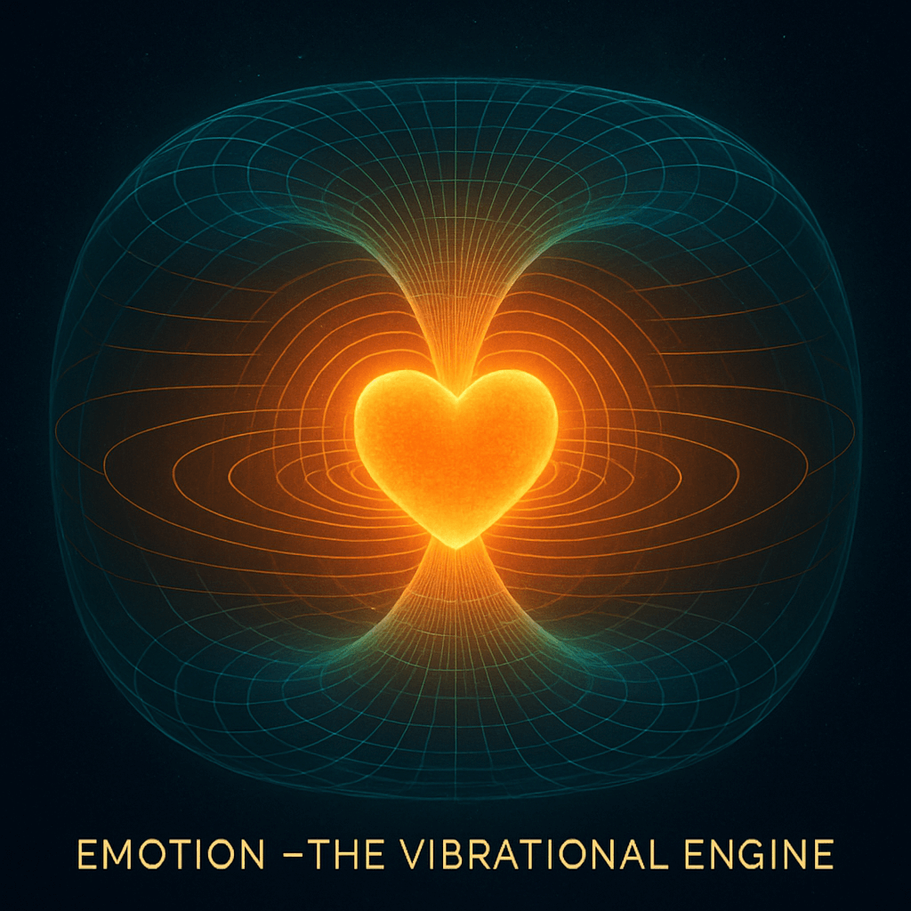 A glowing digital illustration showing the heart radiating waves of light through a toroidal energy field, symbolizing emotion as the vibrational engine of consciousness.