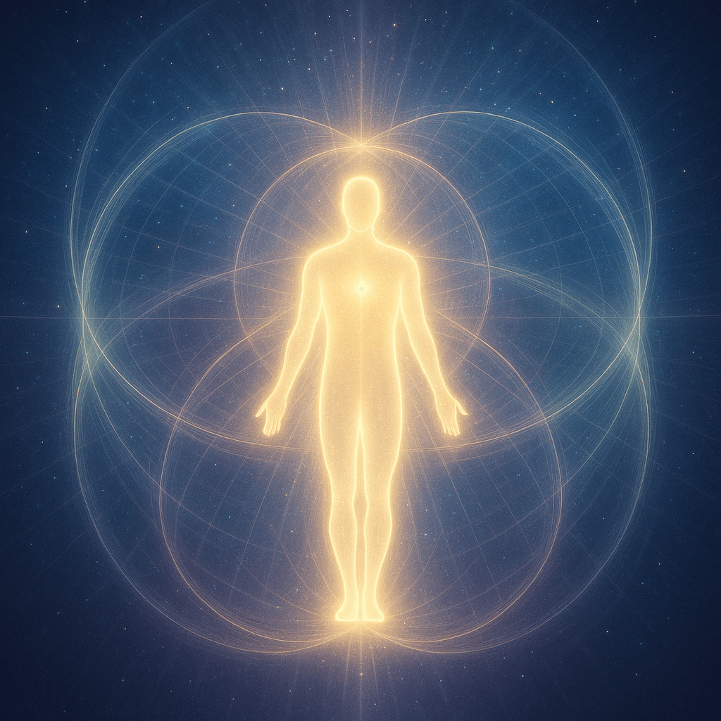 A serene digital illustration showing a luminous human figure surrounded by interwoven inner and outer light fields, symbolizing awareness as the bridge connecting consciousness to creation.