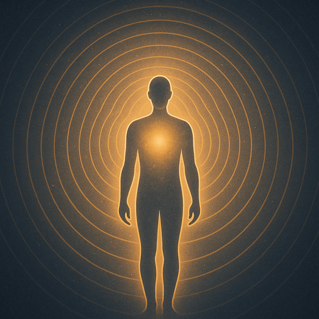A luminous human silhouette surrounded by concentric waves of light, symbolizing expression as the outward flow of consciousness - where inner resonance projects into the outer world.