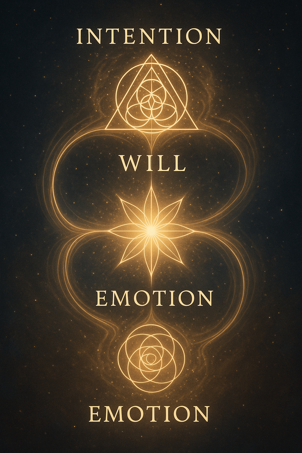 A luminous symbolic illustration showing energy flowing effortlessly between geometric patterns of light, representing Will as the subtle bridge between intention and emotion within the field of consciousness.