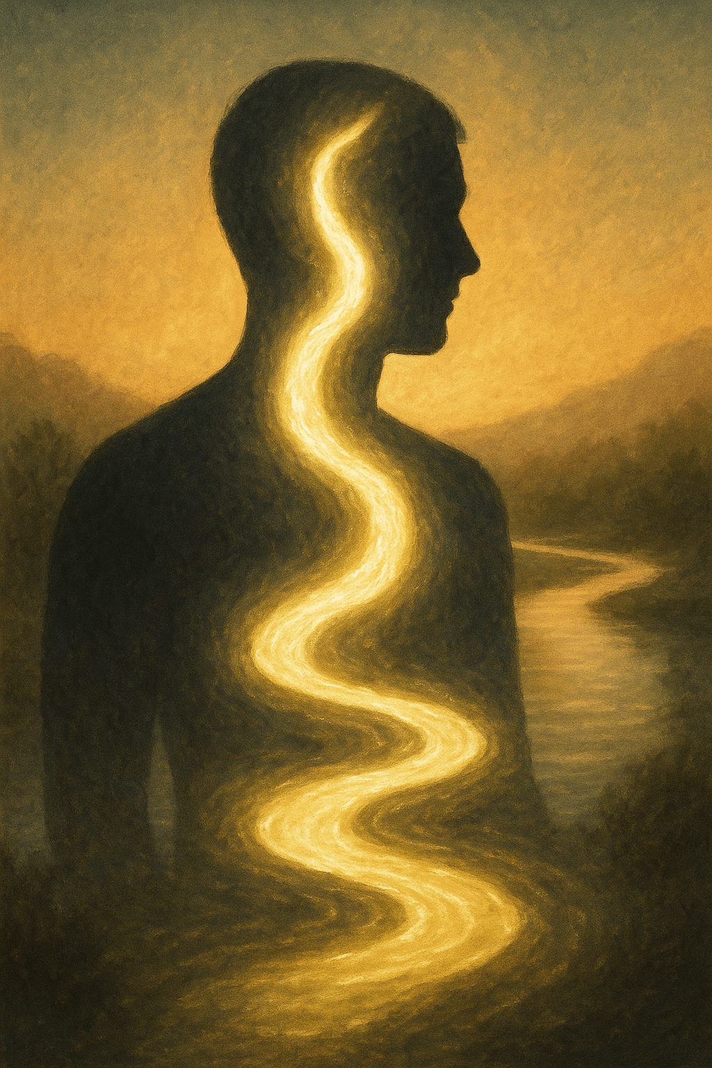 Digital illustration of a glowing river of light flowing through a human silhouette, representing conscious dominance and the harmony between awareness and the subconscious mind.