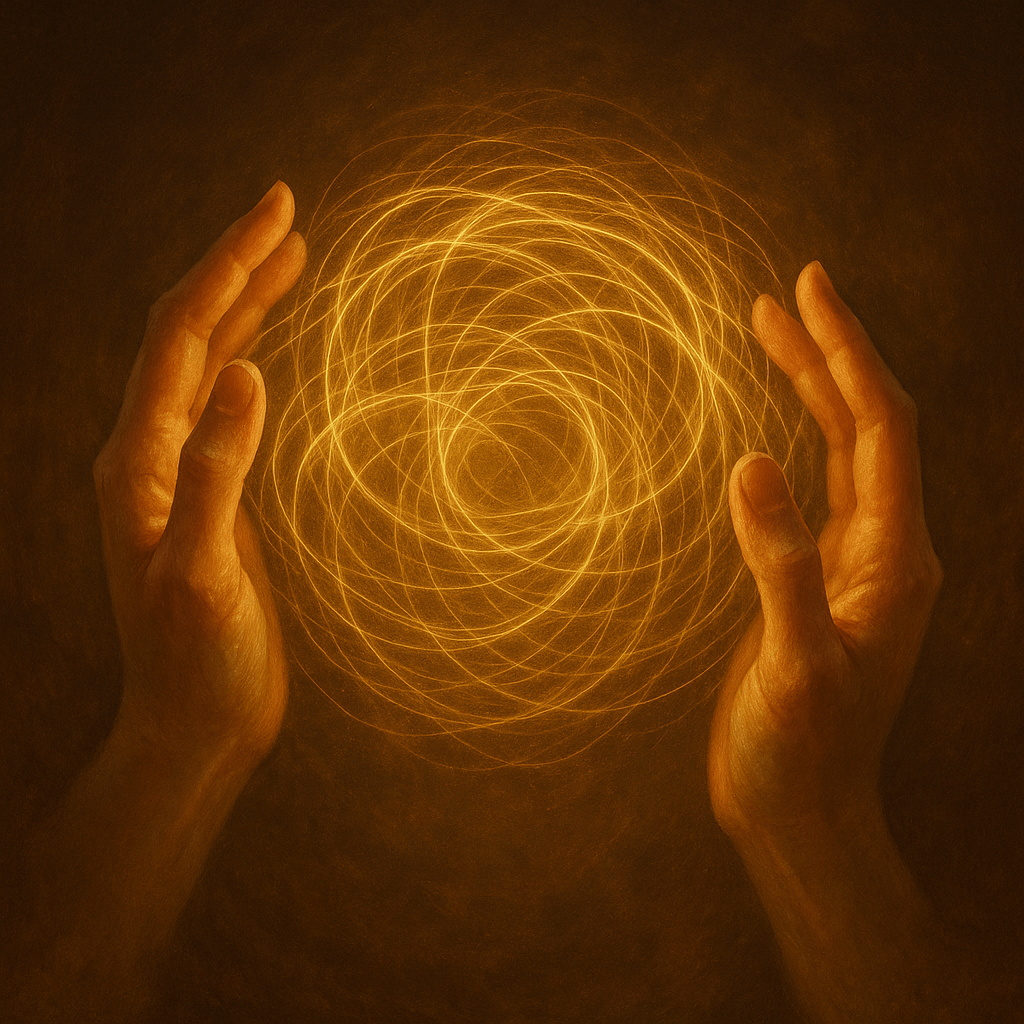 Abstract image of human hands forming a circle of golden energy, symbolizing the flow of value and trust.