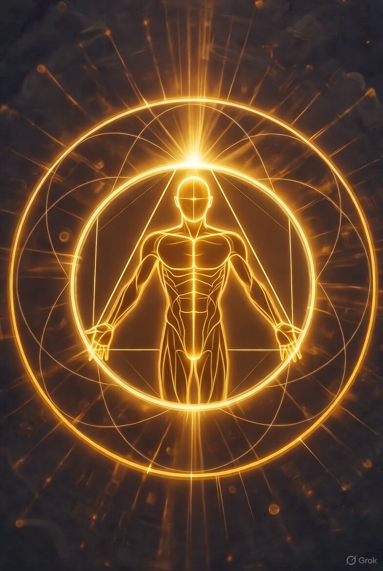 A glowing geometric illustration showing intention as a golden blueprint within a toroidal energy field, symbolizing how thought shapes the Geometry of Consciousness in the first stage of the Conscious Tuning Process.