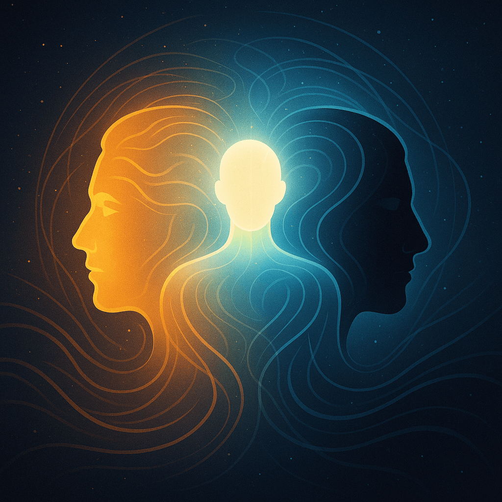 A symbolic digital artwork showing the integration of the conscious and subconscious minds, two faces merging into one, surrounded by light and flowing energy.
