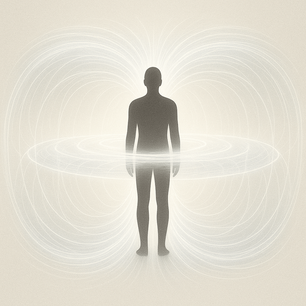 A calm human silhouette standing at the center of a glowing figure-of-eight river of light and water. Soft white and neutral tones, minimalist, symbolic, balanced, and serene.