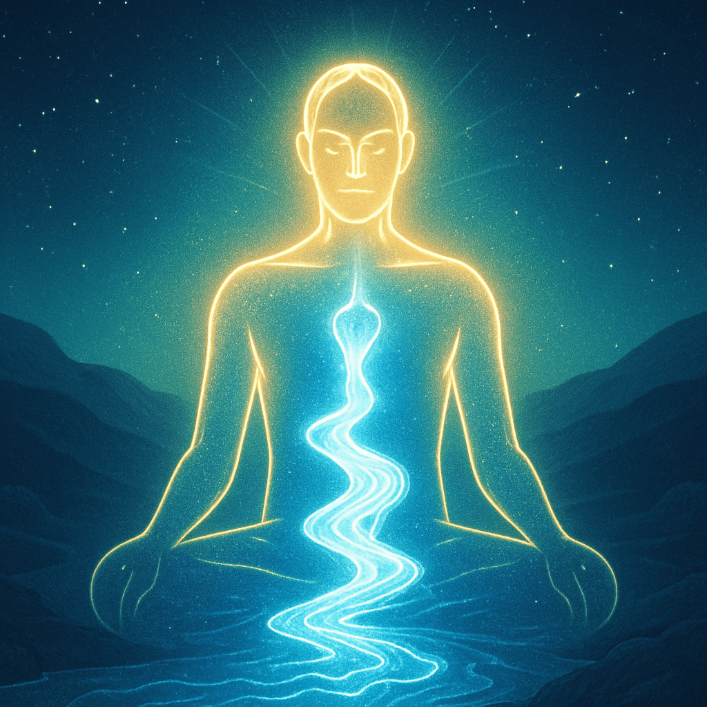 A serene digital artwork depicting a glowing river flowing through a luminous figure, symbolizing the union of consciousness and subconscious mind in meditation.
