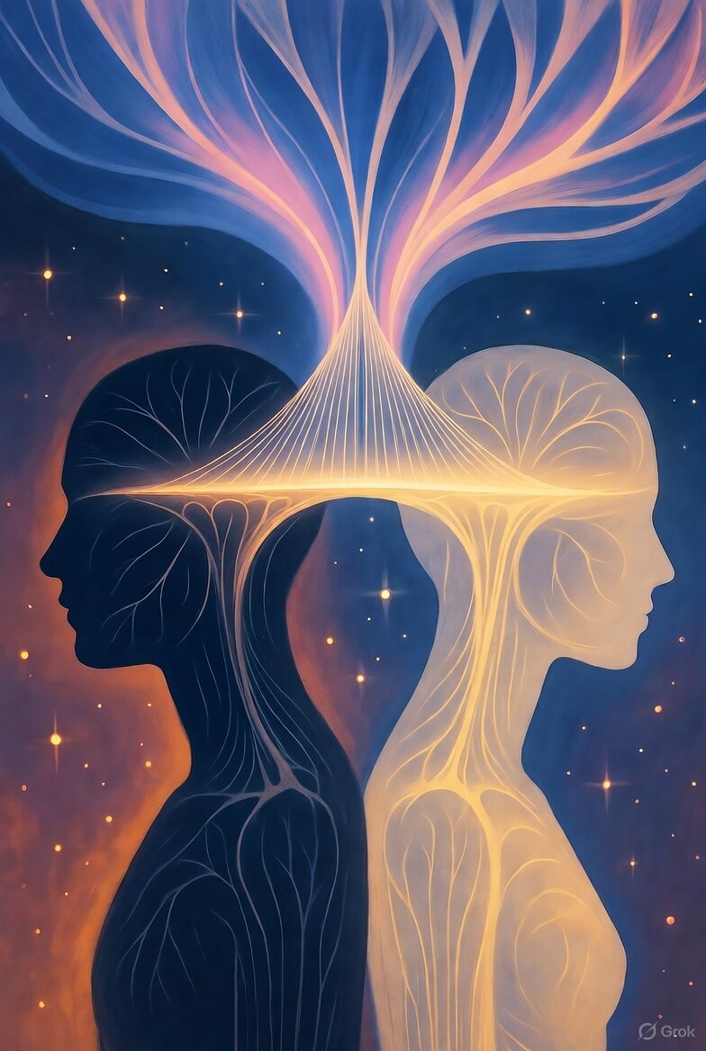 A serene digital illustration showing a luminous bridge connecting two human silhouettes, symbolizing the unity of conscious and subconscious awareness.