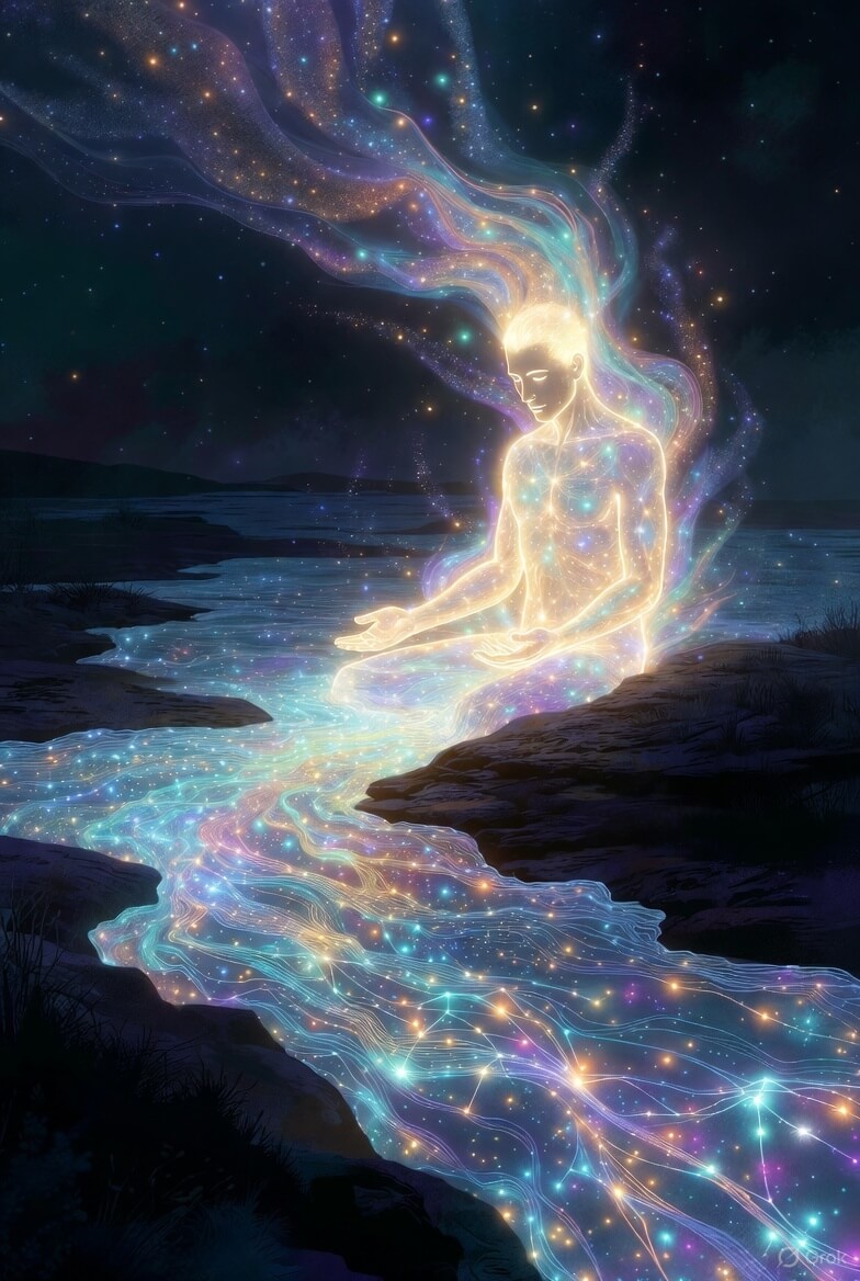 A luminous figure meditating beside a glowing river of light, representing inner balance and the flow between conscious and subconscious awareness.
