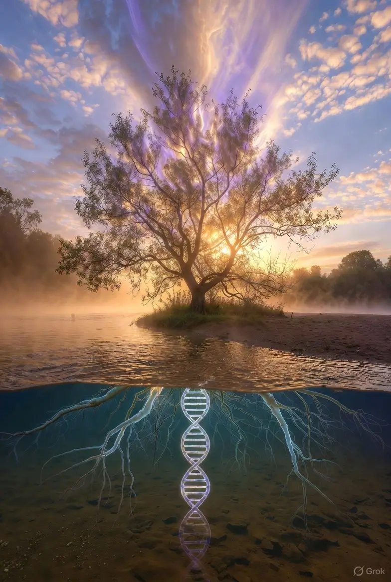A glowing tree beside a river at sunrise, its roots visible beneath the water and branches fading into light, symbolizing the connection between the human self and pure consciousness.