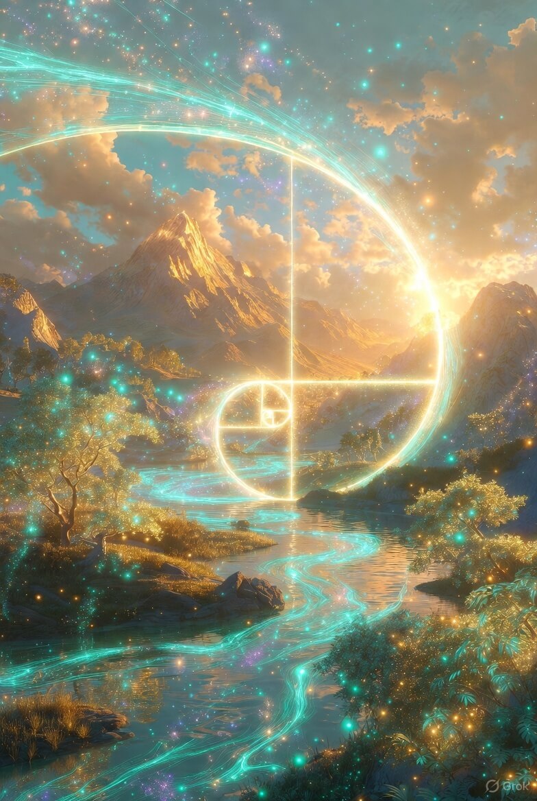 A glowing Fibonacci spiral of light connecting nature and the cosmos, symbolizing harmony between consciousness, energy, and the natural order.
