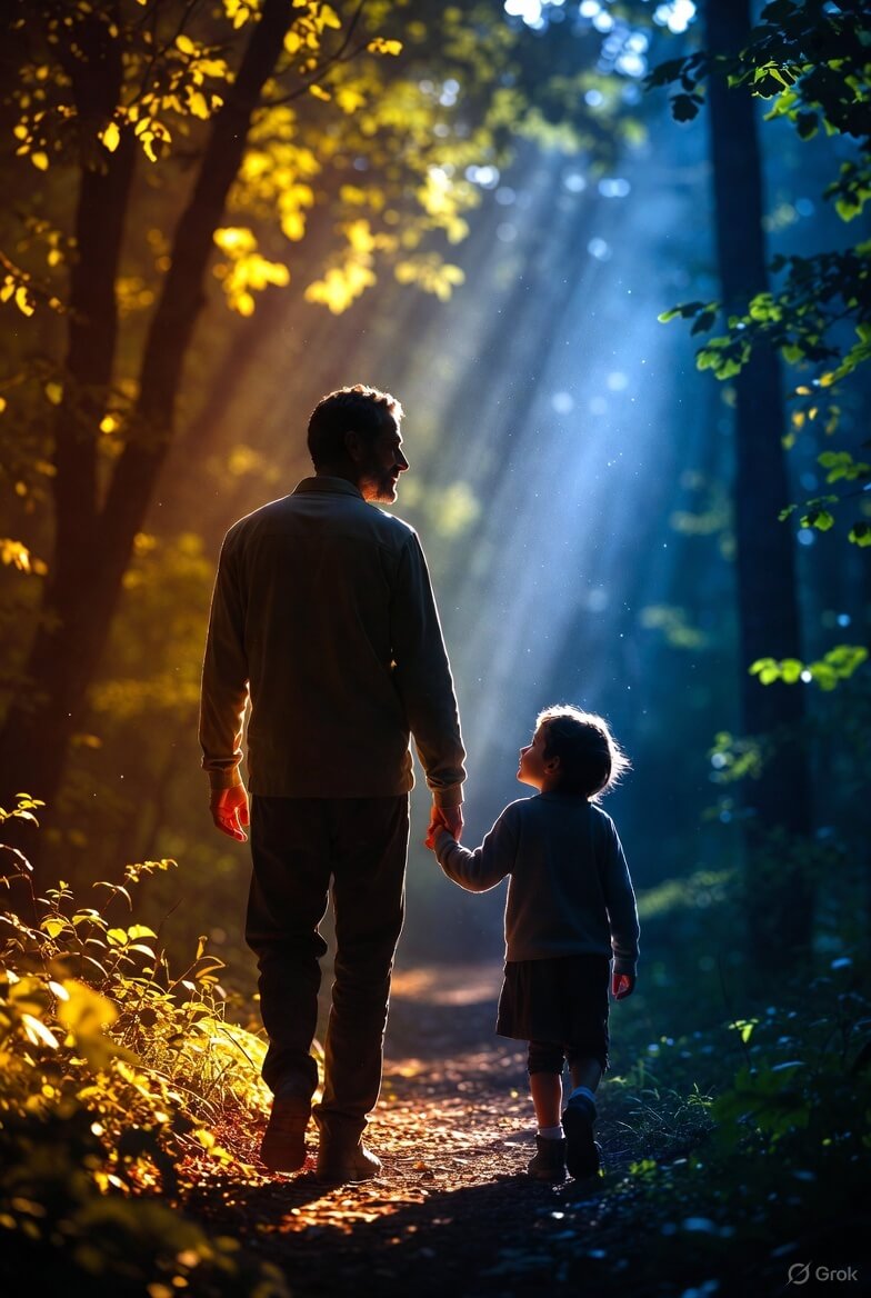 Adult and child walking together through a glowing forest path, symbolizing harmony between the inner child and adult self.