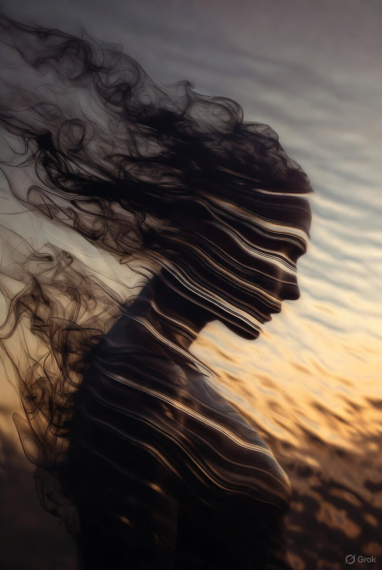 A human silhouette of light and shadow with dark thought forms dissolving into calm light, symbolizing awareness clearing mental distortion.