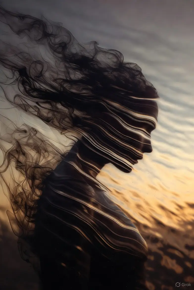 A human silhouette of light and shadow with dark thought forms dissolving into calm light, symbolizing awareness clearing mental distortion.