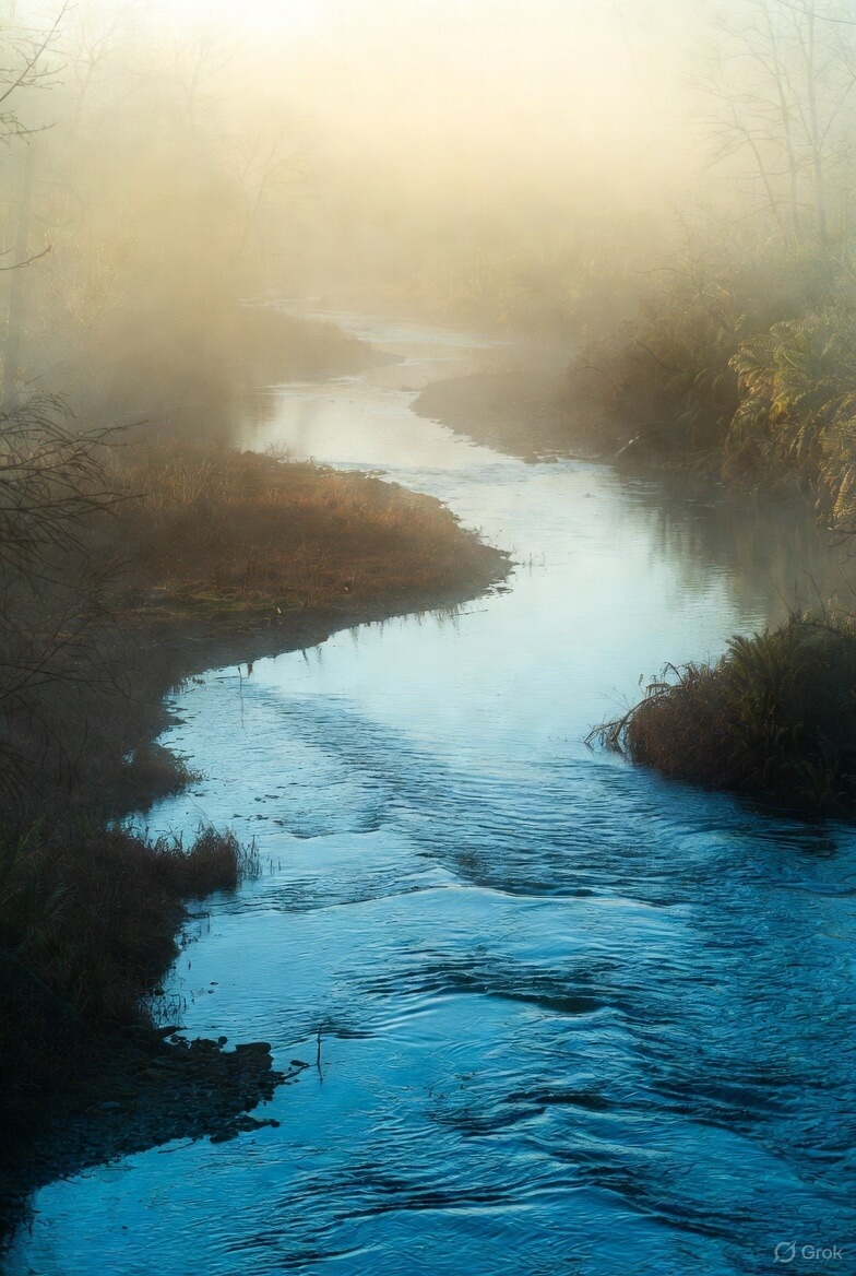 A calm river flowing through soft morning light, symbolizing clarity, self-awareness, and inner reflection.