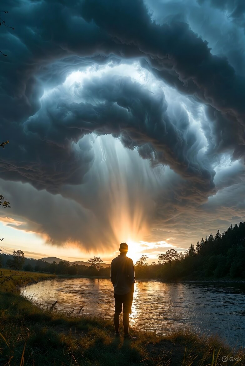 “Person standing by a river as a storm clears, symbolizing rage transforming into healing energy.”