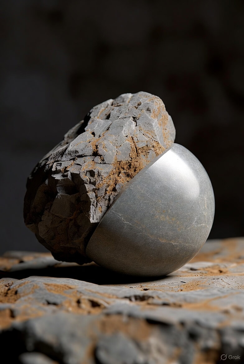 A single rough stone becoming smooth and polished under pressure. Dark background, soft directional light, subtle symbolism of strength, transformation, and inner structure. Realistic, clean, minimalistic.