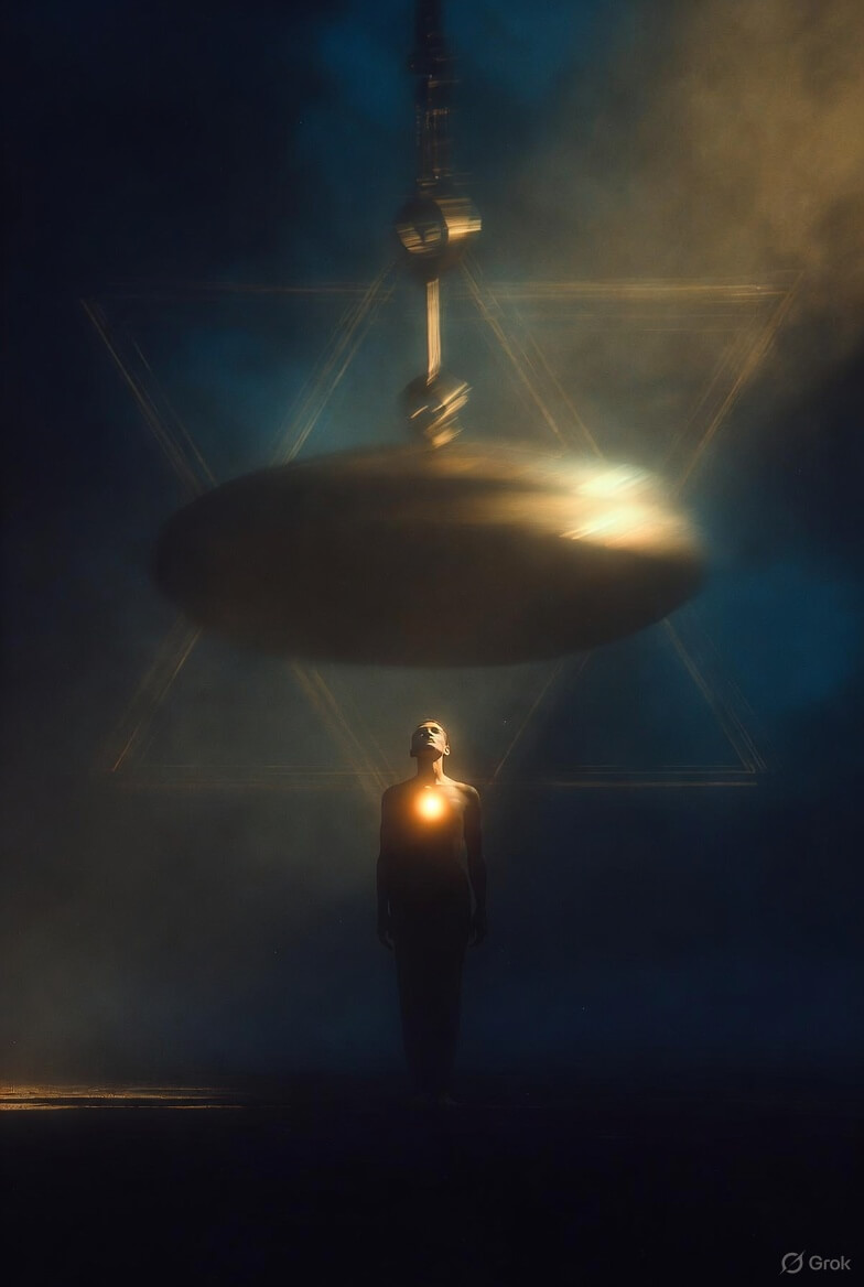 A person standing in sovereign stillness at the centre of a swinging pendulum world, symbolizing circumpunct awareness, merkaba motion, and the Bridge into The So Without.