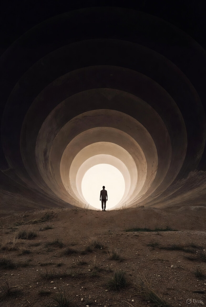 A human figure standing at the edge of concentric circles representing the 18 loops of human consciousness, with a calm centre point symbolising awareness and sovereignty.