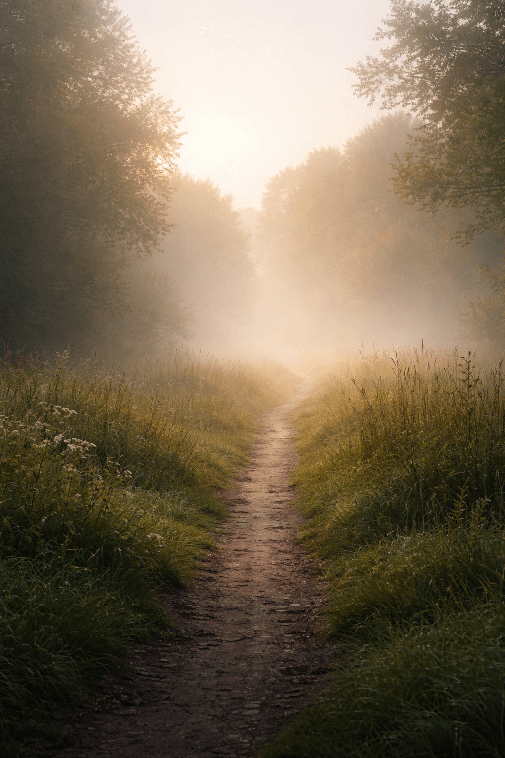 A quiet path emerging from thinning morning fog, symbolising clarity and returning awareness.