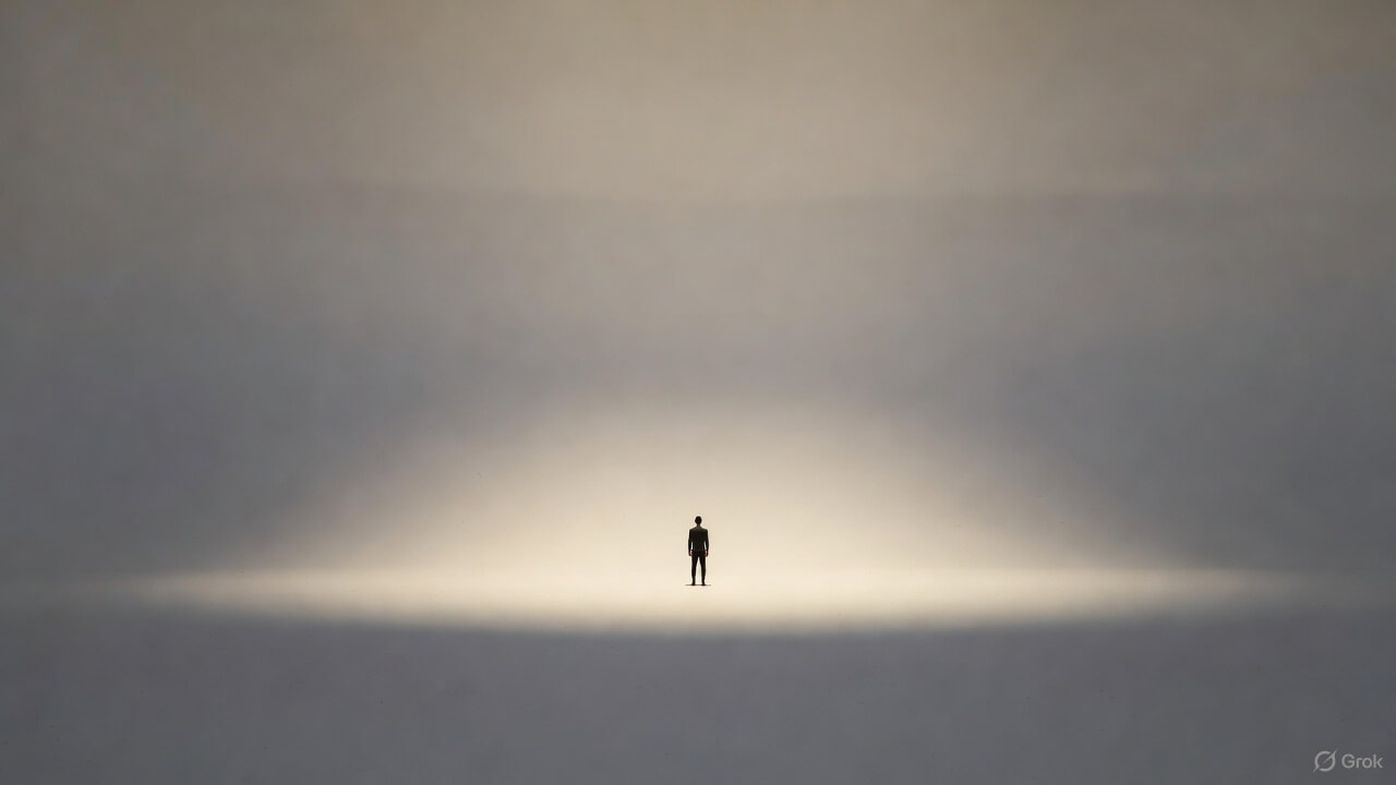A person standing at the centre of a soft circular field symbolising the return to centre, inner realignment, and restored awareness.