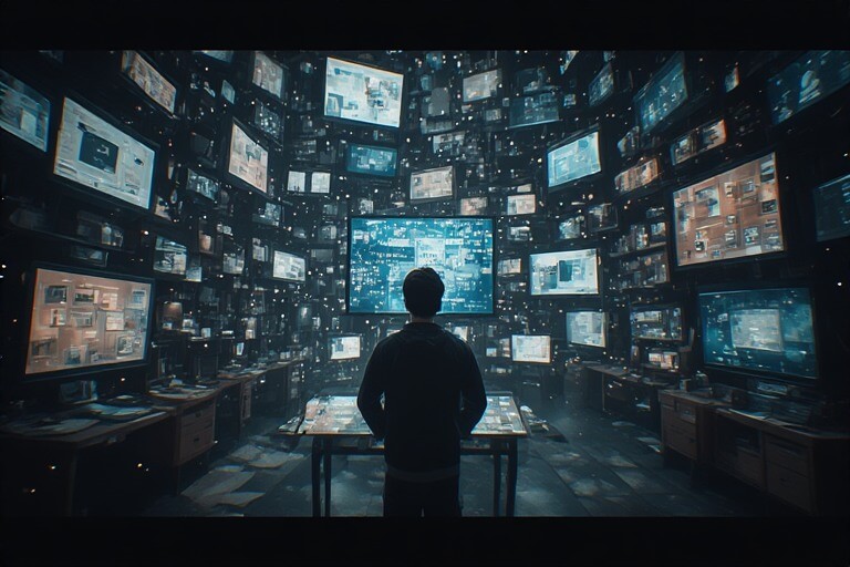 A calm, modern scene showing a human figure surrounded by everyday cultural systems—softly glowing screens, notifications, symbols of entertainment, work, and consumption—arranged in repeating loops around them. The environment feels comfortable and familiar rather than oppressive, suggesting quiet dependency and constant relief. Muted colors, minimalist, abstract, reflective tone.
